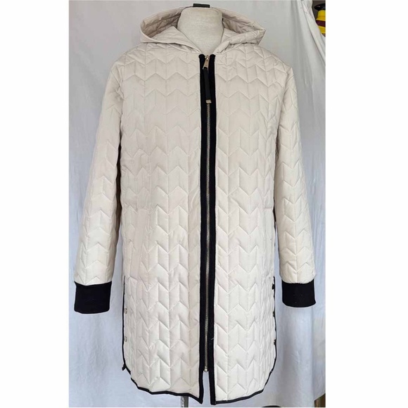 NIKKI JONES Women Large Beige Classic Weave Padded Coat EUC - Picture 2 of 11